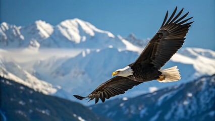 Fototapeta premium Bald Eagle in Flight Over Mountains