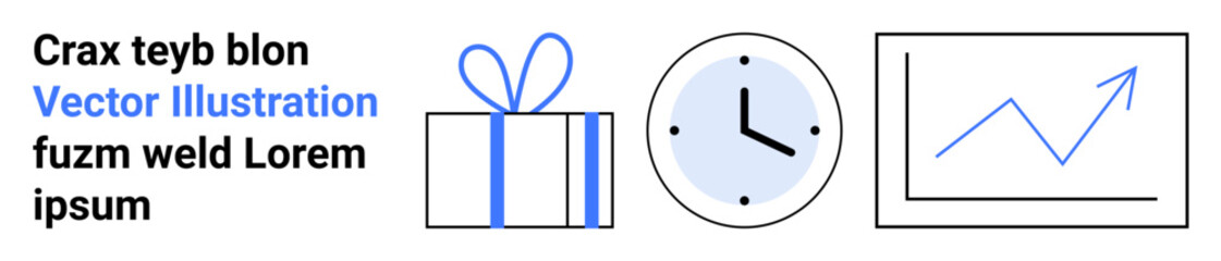 Gift box with blue bow, clock showing time, upward trending graph line. Ideal for productivity, time management, success, business growth, rewards efficiency achievement. Landing page