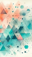Intricate geometric pattern with triangles, hexagons, and circles, connected with thin lines and dotted elements in pastel shades of blue, teal, and peach