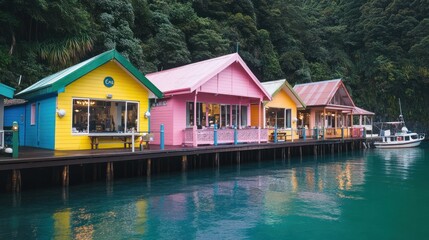 Colorful waterfront houses on stilts reflecting in calm teal water.