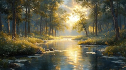 A serene forest landscape with a shimmering river and soft sunlight filtering through trees.