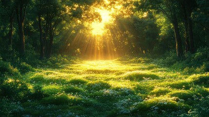 Obraz premium A serene forest scene illuminated by sunlight, showcasing lush greenery and wildflowers.
