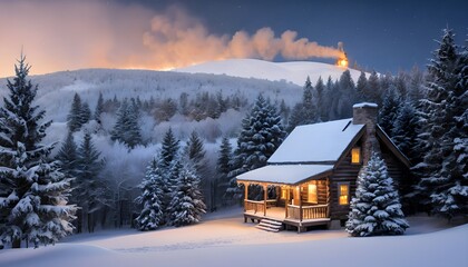 Fototapeta premium Winter Wonderland A serene snowy landscape with twinkling lights and a cozy cabin