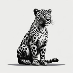 Fototapeta premium A black and white illustration of a leopard sitting on a white background.