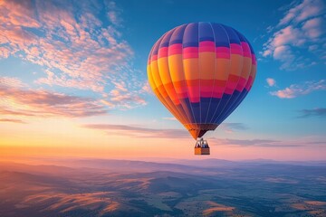 Fototapeta premium Wilderness adventure in Africa, hot air balloon over savanna, wildlife visible below, sunrise, epic panoramic view