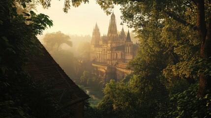 Naklejka premium Majestic castle veiled in morning mist, seen through lush foliage.