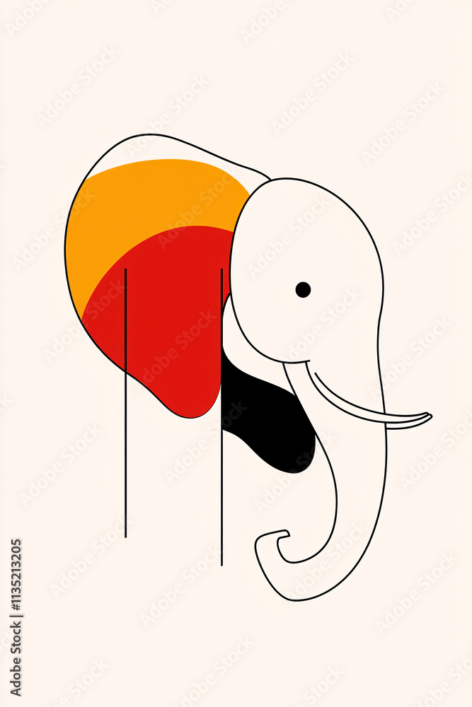 Poster illustration of a minimalist abstract elephant, using simple shapes and bold outlines to create an a
