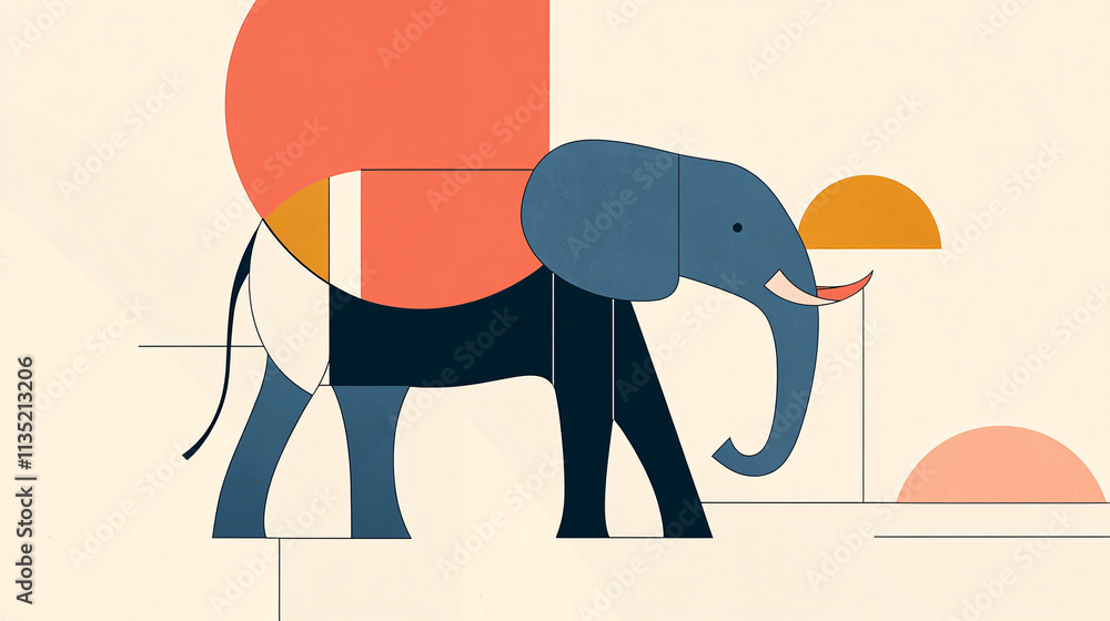 Poster illustration of a minimalist abstract elephant, using simple shapes and bold outlines to create an a