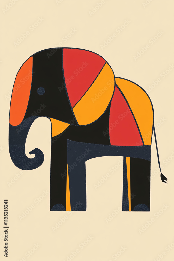 Poster illustration of a minimalist abstract elephant, using simple shapes and bold outlines to create an a