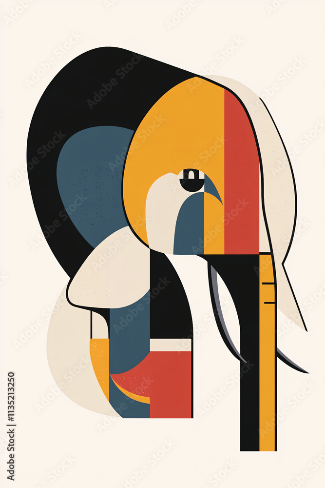 Poster illustration of a minimalist abstract elephant, using simple shapes and bold outlines to create an a