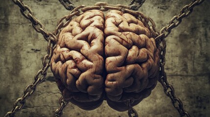 A detailed 3D illustration of a human brain tightly wrapped with metal chains, representing mental restraint and confinement, set against a textured wall background.. AI Generation