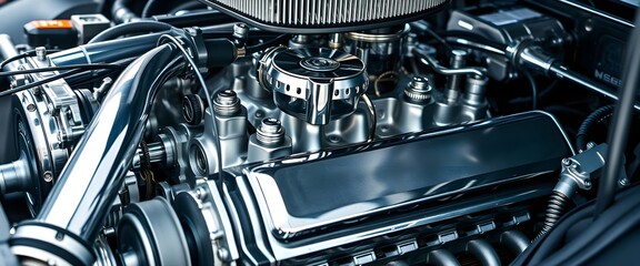 Fototapeta premium Close-up of a shiny car engine with intricate details.