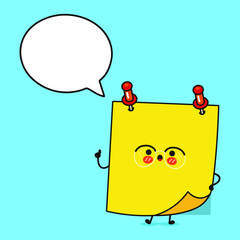 Sticker with speech bubble. Vector hand drawn cartoon kawaii character illustration icon. Isolated on blue background. Posted notes character concept