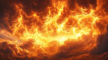 A dramatic sky filled with fiery orange and yellow clouds, evoking a sense of intensity.