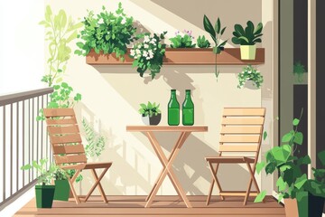 Obraz premium Design an outdoor balcony garden with plants and flowers, wooden furniture for a dining area
