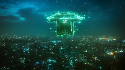 Fototapeta premium Digital Holographic Soccer Shirt Floating Against Night Sky