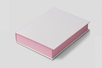 Closed white book with pink interior pages positioned at an angle, showcasing a clean and simple design perfect for any bookshelf