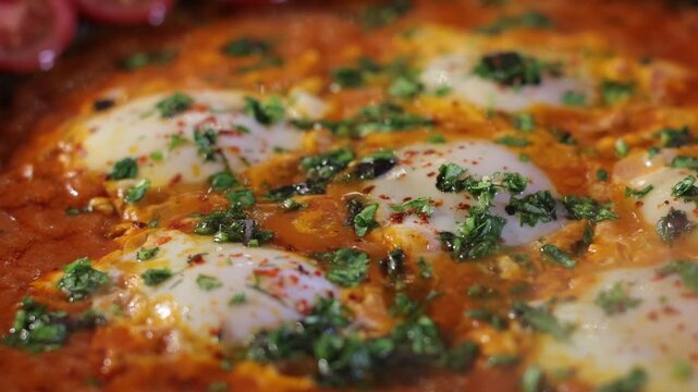 Closeup detailed shot of hot shakshuka with steam, showing its texture and details