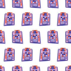 DJ equipment seamless pattern including turntables, mixer, speakers, headphones, disco ball, and music isolated on background. Flat vector style illustration. Music and party concept