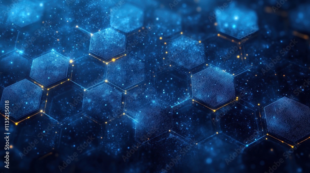 Poster abstract blue hexagonal network with glowing connections and particles, technology background.