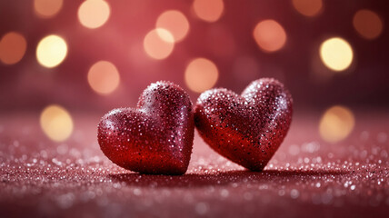 Fototapeta premium two glittering red hearts placed side by side