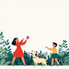 Obraz premium A woman and a boy playing with a dog in a lush garden. Happy Sunday Life Concept.