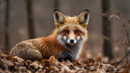 Naklejka premium Red Fox close-up profile view resting on brown leaves and foliage and looking at camera in the spring season with blur background in its environment and habitat. Fox Image. Picture. Portrait.