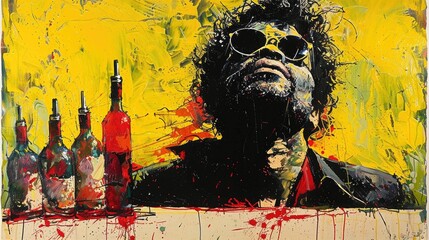 Obraz premium Abstract painting of man with sunglasses, bottles, yellow background.