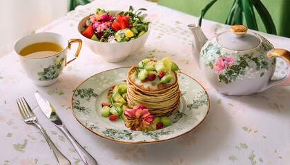 식탁 위에 놓인 플로럴 패턴의 접시와 팬케이크, 옆에는 과일 샐러드와 티포트
