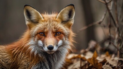 Fototapeta premium Red Fox close-up profile view resting on brown leaves and foliage and looking at camera in the spring season with blur background in its environment and habitat. Fox Image. Picture. Portrait.