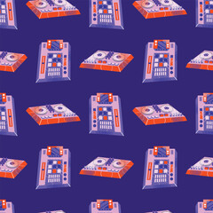 DJ equipment seamless pattern including turntables, mixer, speakers, headphones, disco ball, and music isolated on background. Flat vector style illustration. Music and party concept
