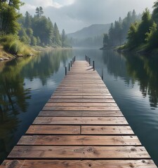 Obraz premium Bridge made of wooden planks and metal beams over a lake, tranquility, wooden planks, water