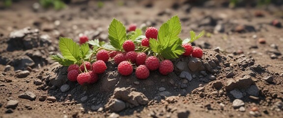 Small wild wineberries in a dry and cracked soil environment, undergrowth, dry soil, desiccated plant