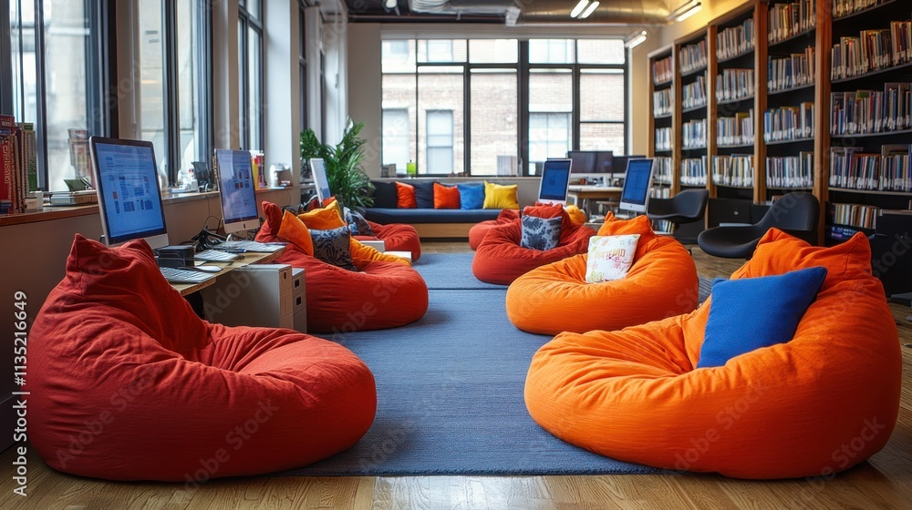 Poster cozy reading area with orange bean bags and computers in a modern library setting.