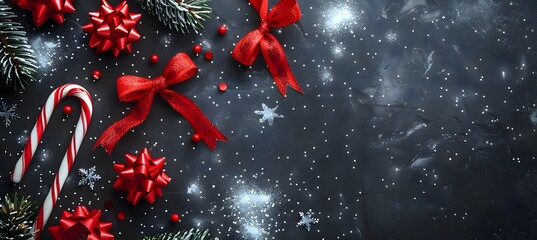 A black chalkboard-like background with bright white chalk-style Christmas designs, candy canes, and tiny red bows