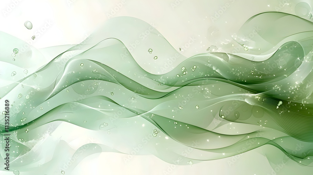 Poster a serene abstract design featuring soft green waves and delicate bubbles, creating a calming and flu