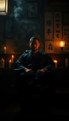 Obraz premium A barber dressed in samurai-inspired attire sits in a dimly lit room surrounded by candles, creating a mysterious and cinematic vibe.