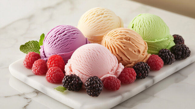 Kolorowe kulki lod&oacute;w starannie ułożone na marmurowym talerzu z dodatkiem świeżych owoc&oacute;w dla podkreślenia smaku.