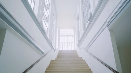 Fototapeta premium Grand stairway ascending to a bright, open space with large windows.