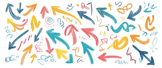 Playful doodle arrows with twists and zigzags, isolated design icons, isolated on plain white background, Transparent PNG