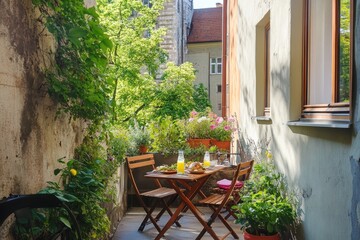 Naklejka premium outdoor balcony garden with wooden furniture, potted plants, and flowers in pots on the wall