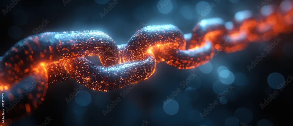 Poster digital chain link with glowing orange and blue pixels, representing blockchain technology and secur