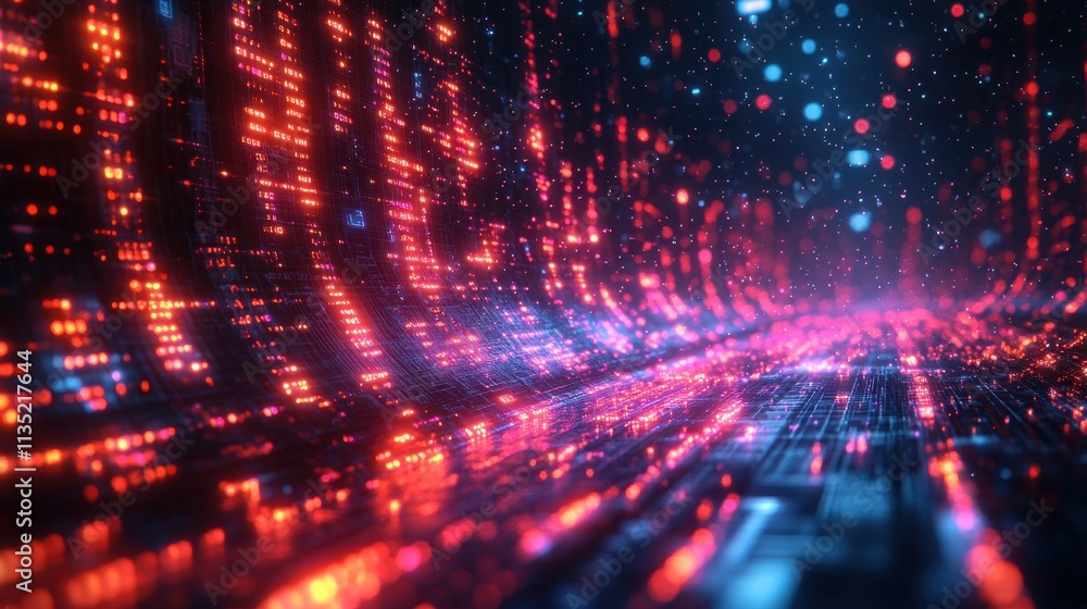 Poster abstract digital data stream with glowing red and blue particles, tech background.