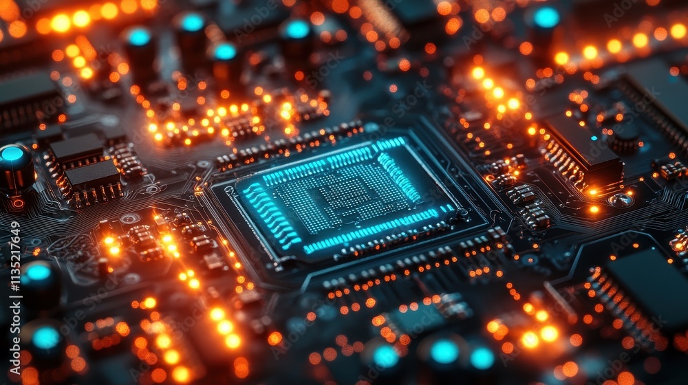 Poster close-up of illuminated central processing unit (cpu) on a circuit board - high-tech technology back