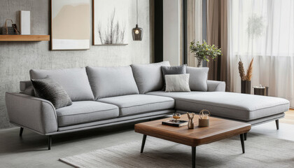 Modern Gray Sectional Sofa Wooden Coffee Table Living Room Interior Design