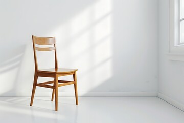 wooden chair in white room with window and shadow on the wall