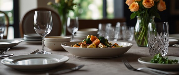 Elegant Dinner Table Setting: A sophisticated tablescape featuring a delicious-looking meal, elegant glassware, and a bouquet of peach roses, creating a scene of refined dining and warm hospitality. 