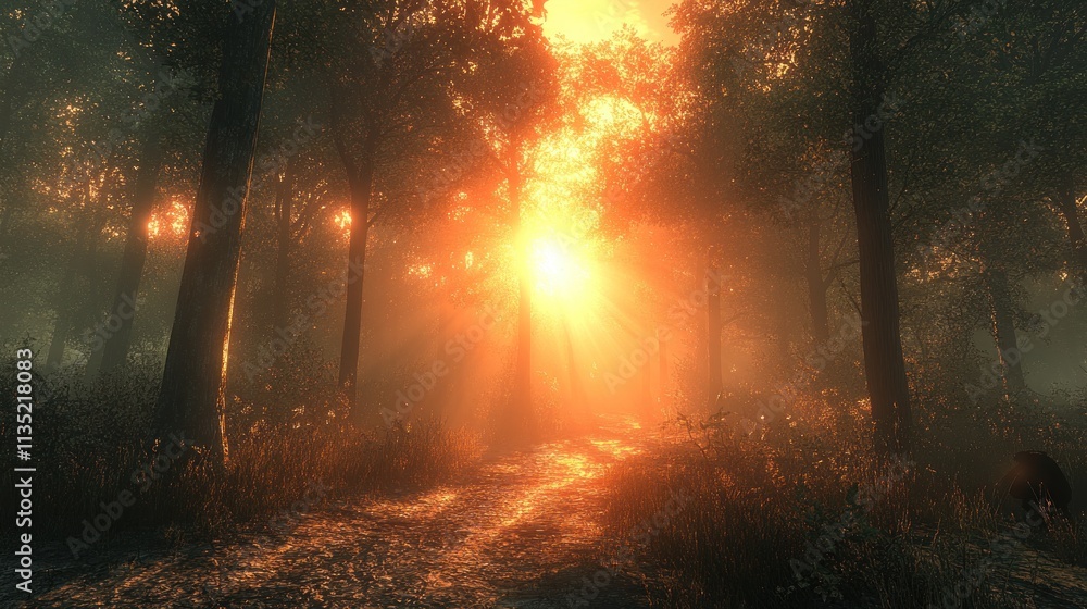 Poster a serene forest scene with sunlight filtering through the trees, creating a mystical atmosphere.
