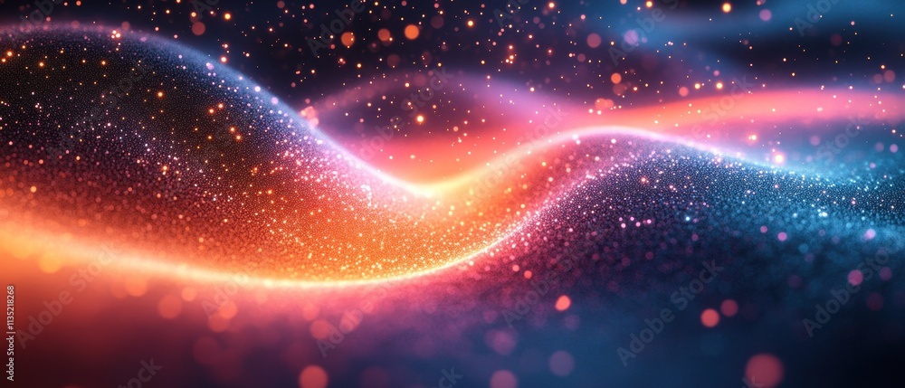 Poster abstract glowing particle waves with bokeh effect in warm tones on deep blue background.