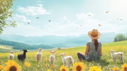 Fototapeta premium Woman sits amidst lambs in a sunny field, mountains in the background.